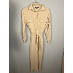 Missguided Nude Color Collared Ribbed Long Sleeve Midi Dress Sz 4 Bodycon